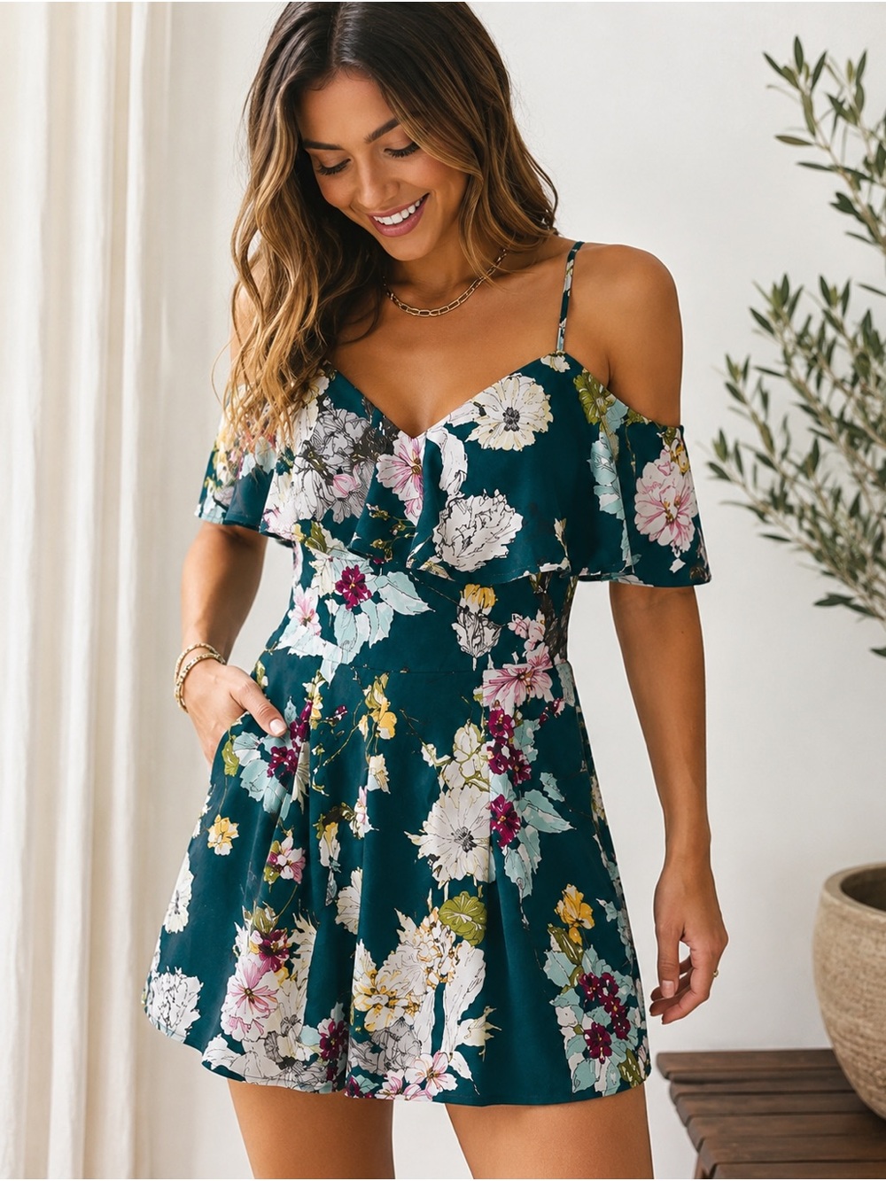 GUESS Floral Cold Shoulder Romper Size Small Green Ruffle Boho